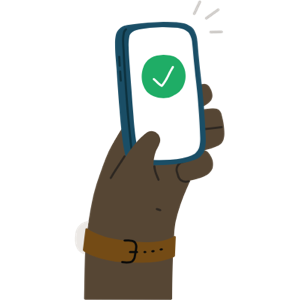 An illustration of a hand holding up a phone with a success message