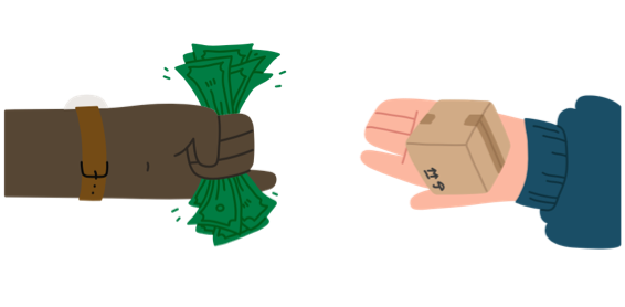 An illustration of two hands, one is gripping cash and the other is holding out a box. 