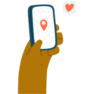 Illustration of a hand holding up a phone with a map