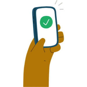 Illustration of a hand holding up a phone displaying a success message